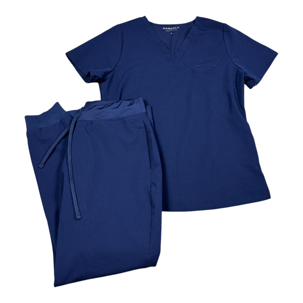 Mandala Navy Casual Medical Polyester Blend Scrub Set Women's M Top / M Bottoms
